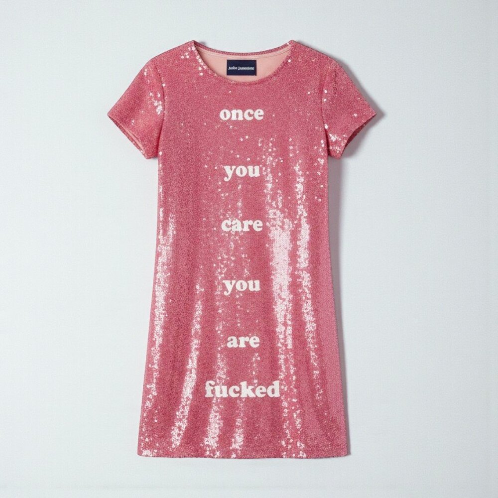 Mua Mua Dolls Pink Sequin Shift Dress Graphic Mini Y2K Party XS NWOT